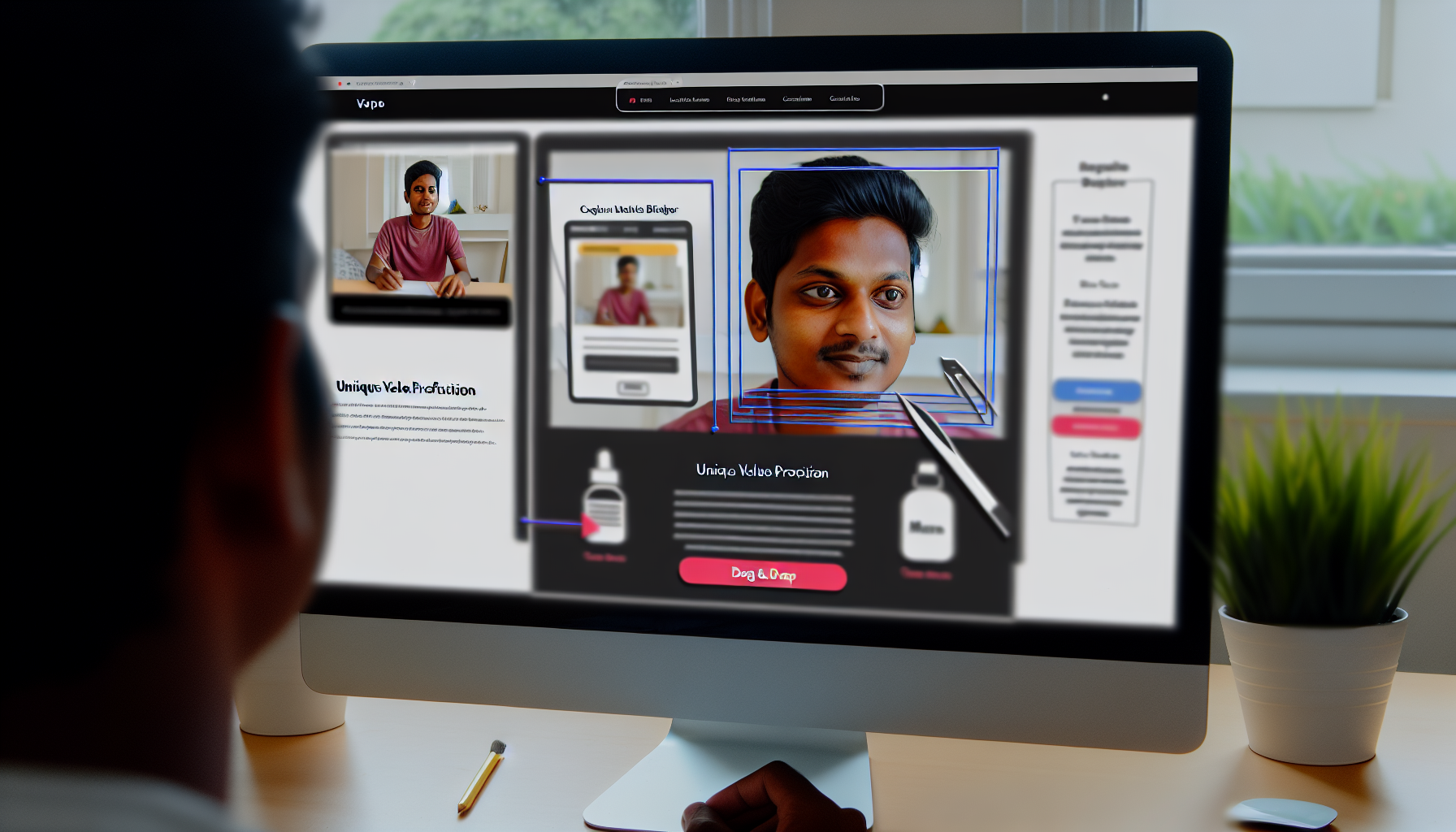 Ein Bild eines digitalen Arbeitsplatzes, das eine interaktive Landingpage zeigt, die gerade erstellt wird. Es sollte verschiedene Elemente einer Landingpage präsentieren, wie einen Header, ein einzigartiges Wertversprechen, ein Hauptbild und einen Call-to-Action-Button. Über den Bildschirm sollten Drag-and-Drop-Vorlagen und Designwerkzeuge sichtbar sein, um die Anpassungsfähigkeit zu verdeutlichen. Die Perspektive sollte von einem Betrachter ausgehen, der einen Desktop-Computer benutzt. Der Benutzer, der mit diesem Builder interagiert, könnte in der Reflexion des Bildschirms zu sehen sein, ein junger südasianischer Mann, der konzentriert an seiner Aufgabe arbeitet.