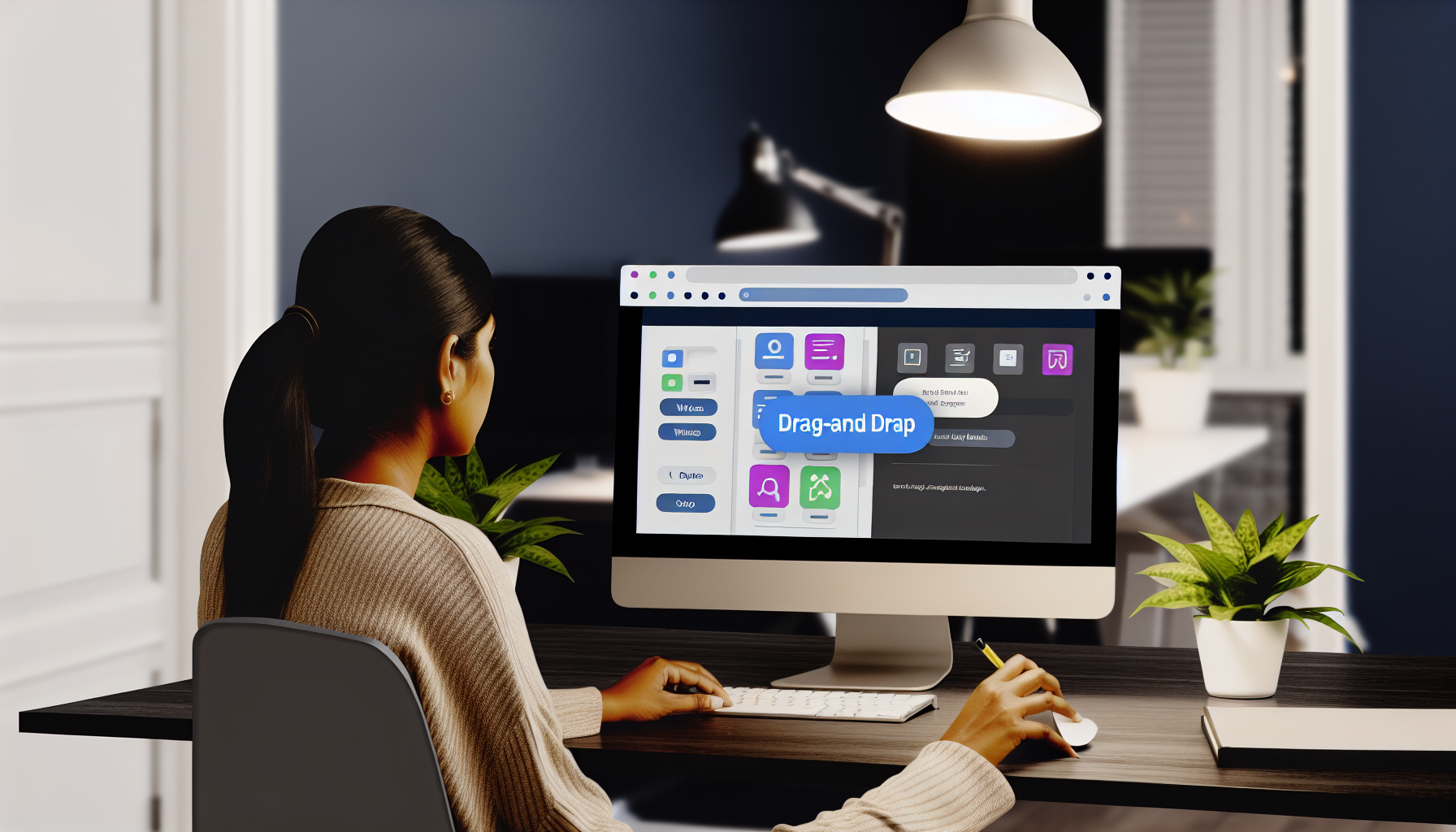 Gestalten Sie ein digital inspiriertes Bild, das einen Computer zeigt, der ein benutzerfreundliches Programm oder eine Software mit Drag-and-Drop-Widgets anzeigt. Die Umgebung um den Computer sollte einen gut organisierten modernen Arbeitsplatz widerspiegeln, einschlieÃŸlich eines Schreibtisches mit einer Lampe, die ausreichend Licht spendet, intuitiven Grafikdesign-Tools und kleinen Pflanzen in der NÃ¤he fÃ¼r einen Hauch von GrÃ¼n. Eine fleiÃŸige sÃ¼dasiatische Entwicklerin ist vertieft in ihre Arbeit und erstellt eine kreative und effizient gestaltete Landing Page mit dem Builder.
