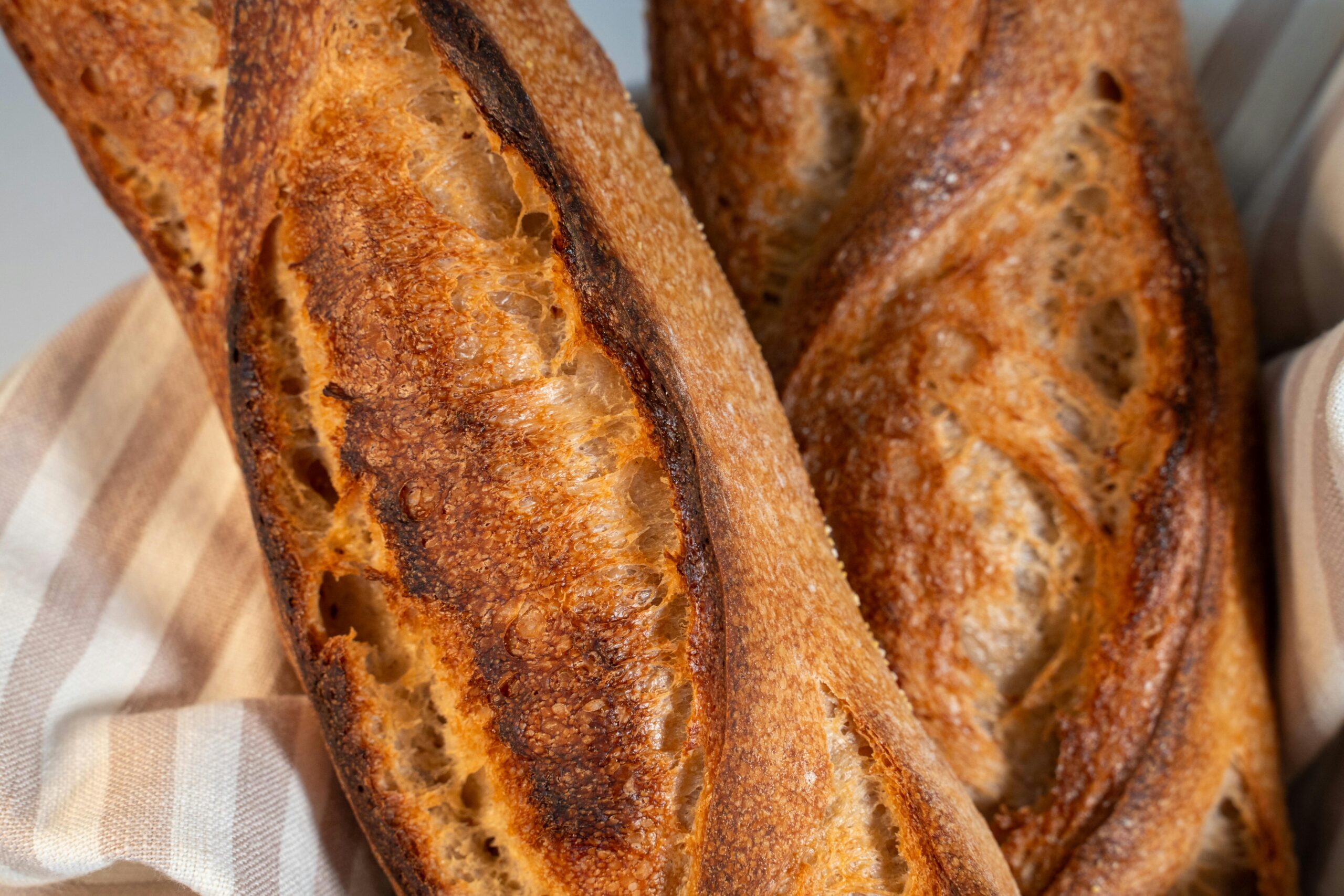 Nahaufnahme von frisch gebackenen handwerklich gefertigten Baguettes aus einer Berliner Bäckerei, die ihre goldene Kruste zeigen.