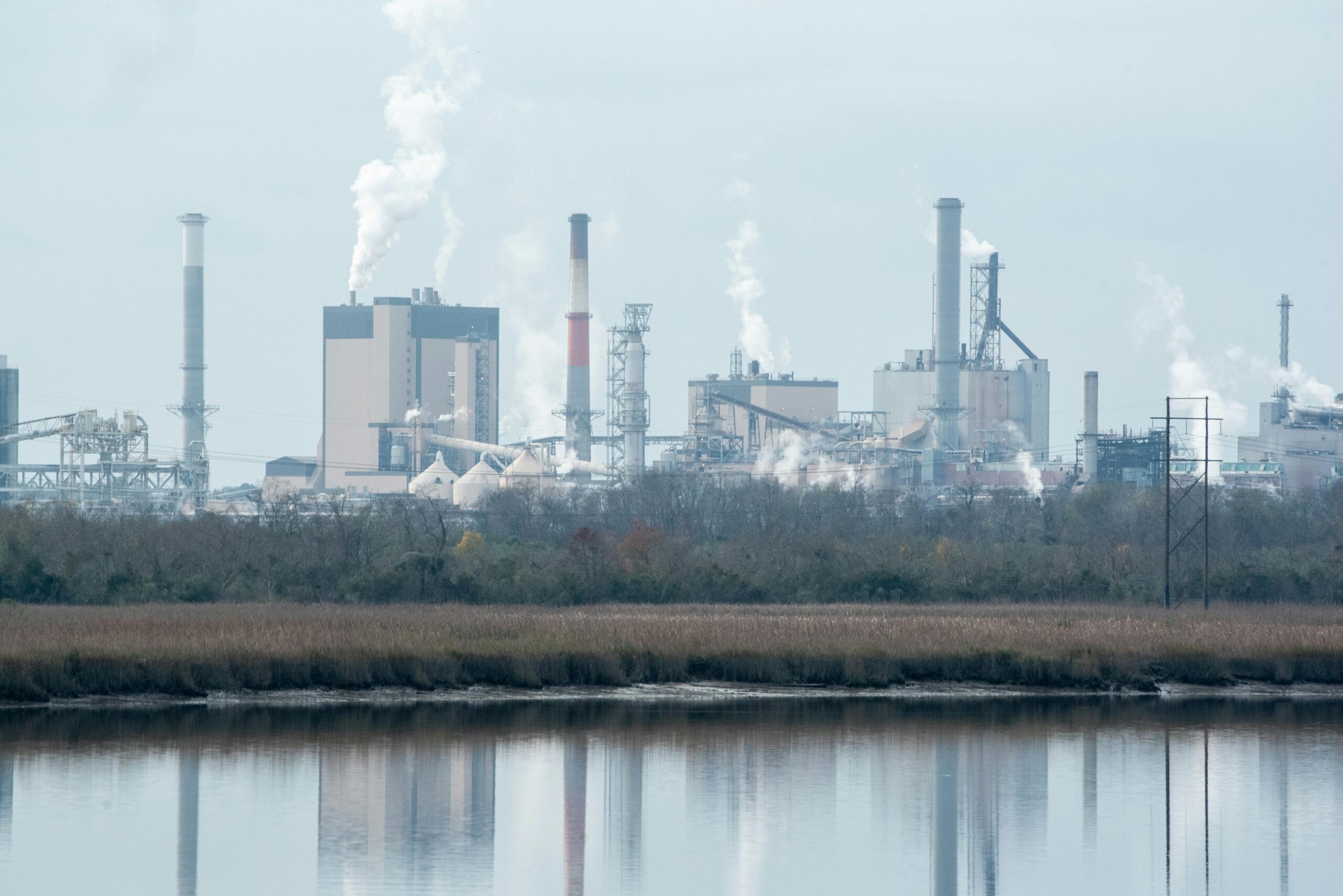 Blick auf eine Industrieanlage mit Rauch ausstoßenden Schornsteinen in Georgia, USA.