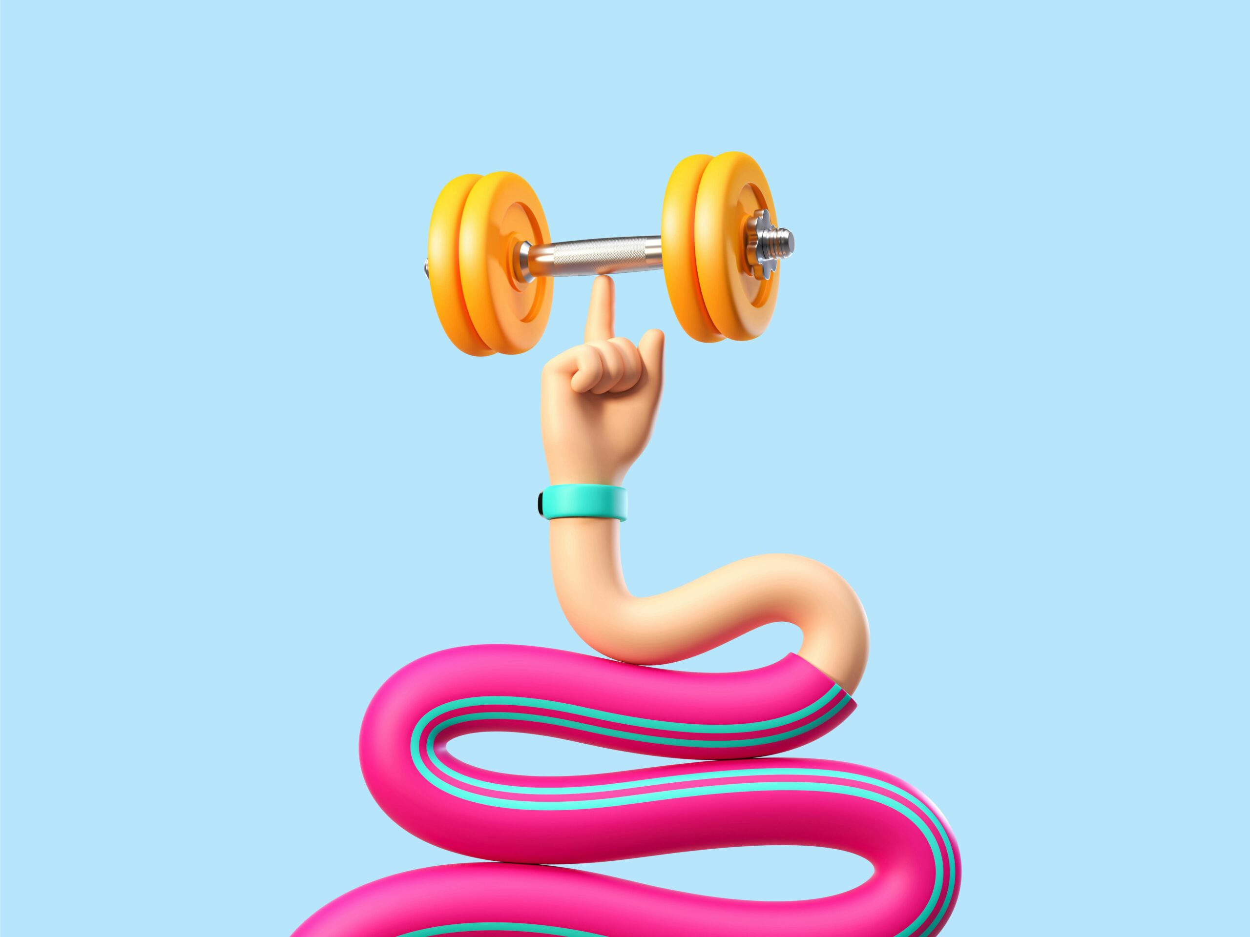 Lustige Cartoon Flexible Hand Mit Einer Hantel, Clip Art Isoliert Auf Blauem Hintergrund. Sportmetapher, Die Das Konzept Von Sieg Und StÃ¤rke EnthÃ¼llt